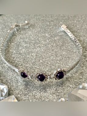 Genuine Amethyst Sterling Silver Bracelet Flower Design